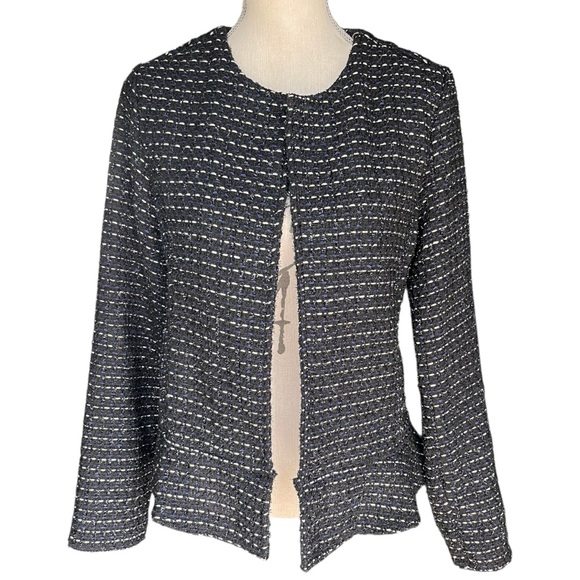 Anthropologie Dolan Black/Blue/Silver Tweed Open Front Peplum Blazer Jacket (L) - Picture 4 of 14